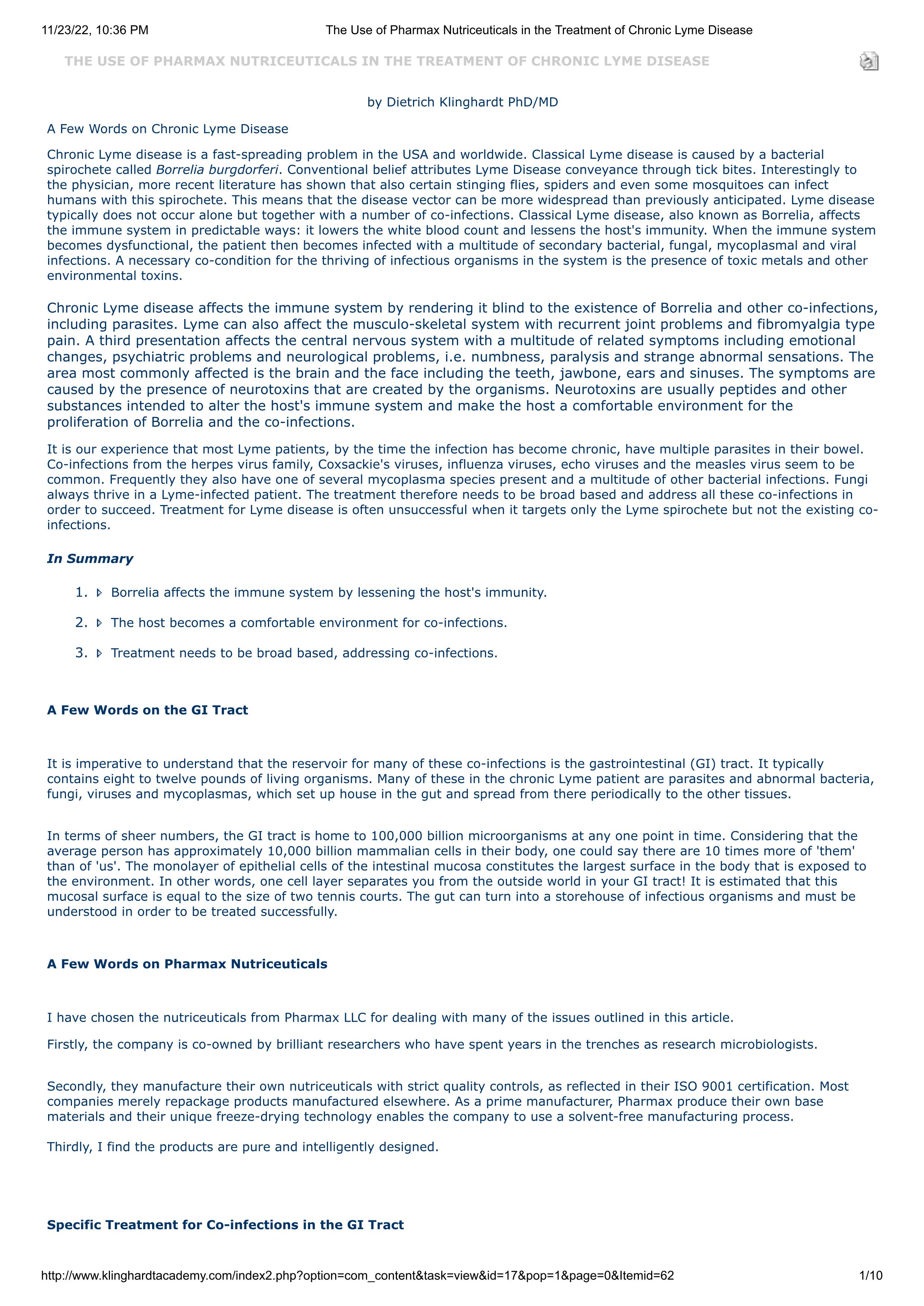 The Use of Pharmax Nutriceuticals in the Treatment of Chronic Lyme Disease page 1